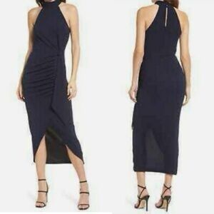 SAYLOR Aida Metallic Faux Wrap Navy Midi Dress Size S